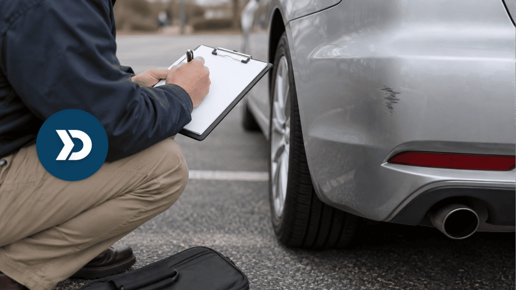 Insurance claims inspector documenting scratches and vehicle damage on a silver car using a clipboard, illustrating auto insurance fraud prevention and claims verification.