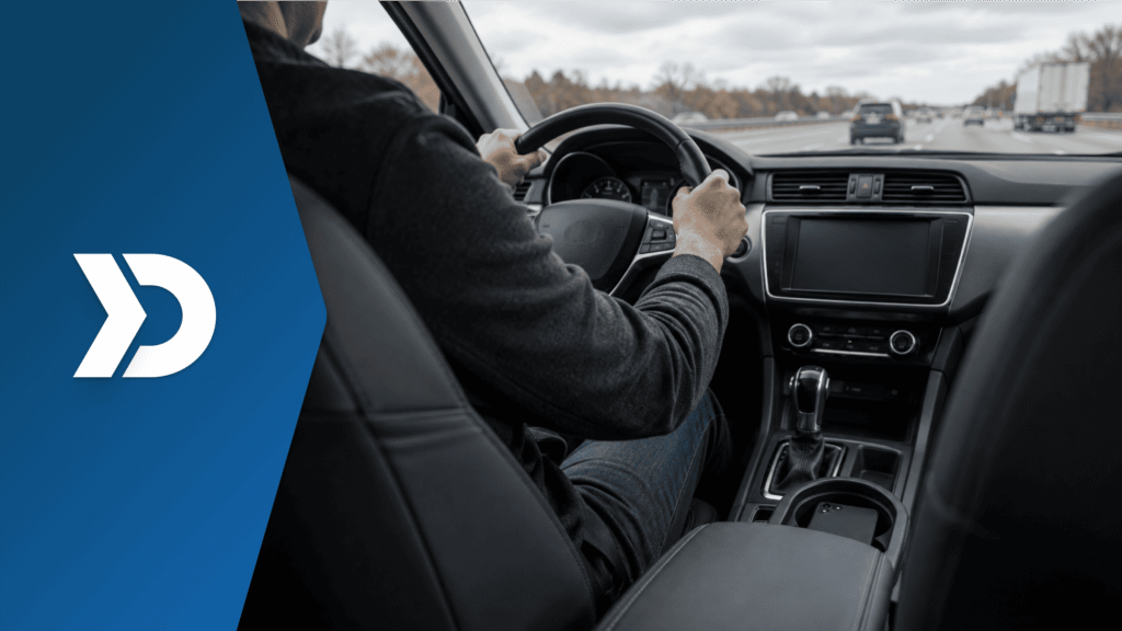Driver holding the steering wheel with both hands while traveling on a highway, illustrating safe driving practices and common unsafe driving behaviors in the US.