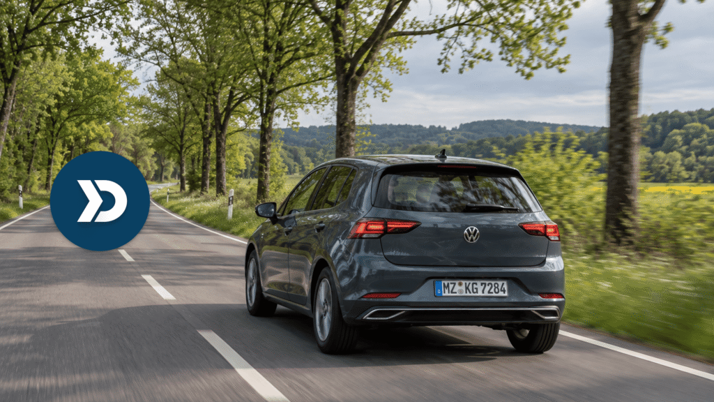 Gray Volkswagen hatchback driving along a tree-lined country road, illustrating eco-friendly driving techniques and fuel-efficient driving habits.