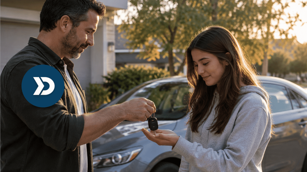 Parent handing car keys to a teenage daughter beside a parked vehicle, illustrating teen driver safety, parental supervision, and driving monitoring apps.