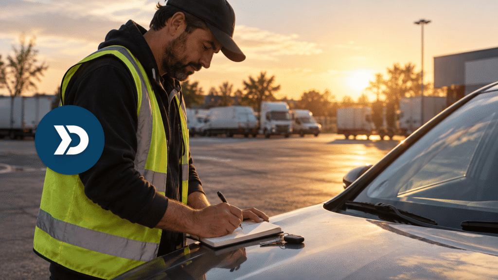 Fleet driver recording mileage and trip details in a paper logbook beside a vehicle, illustrating mileage tracking apps and digital driving logs.