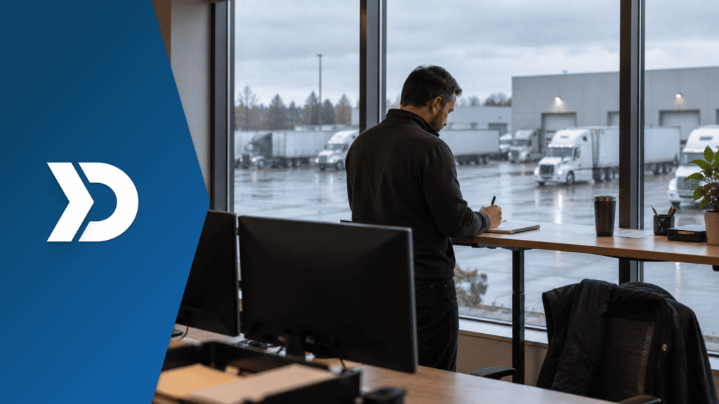 Fleet manager reviewing notes in an office overlooking commercial trucks at a logistics facility, illustrating fleet management solutions using APIs.