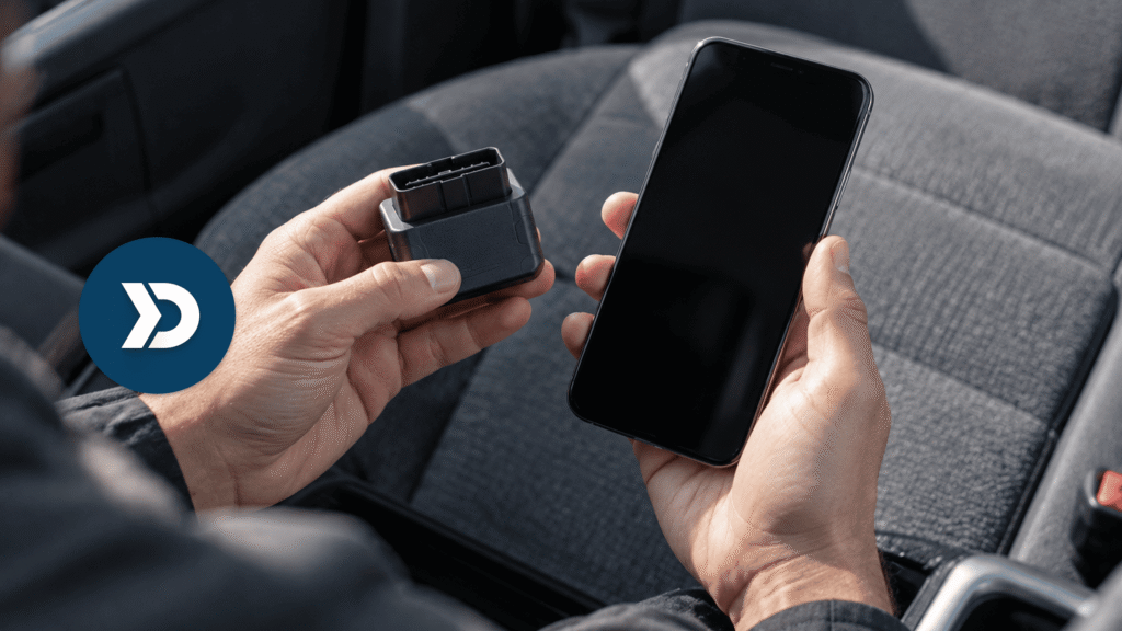 Person holding an OBD-II telematics device and a smartphone inside a car, comparing hardware-based vehicle tracking with smartphone telematics apps.