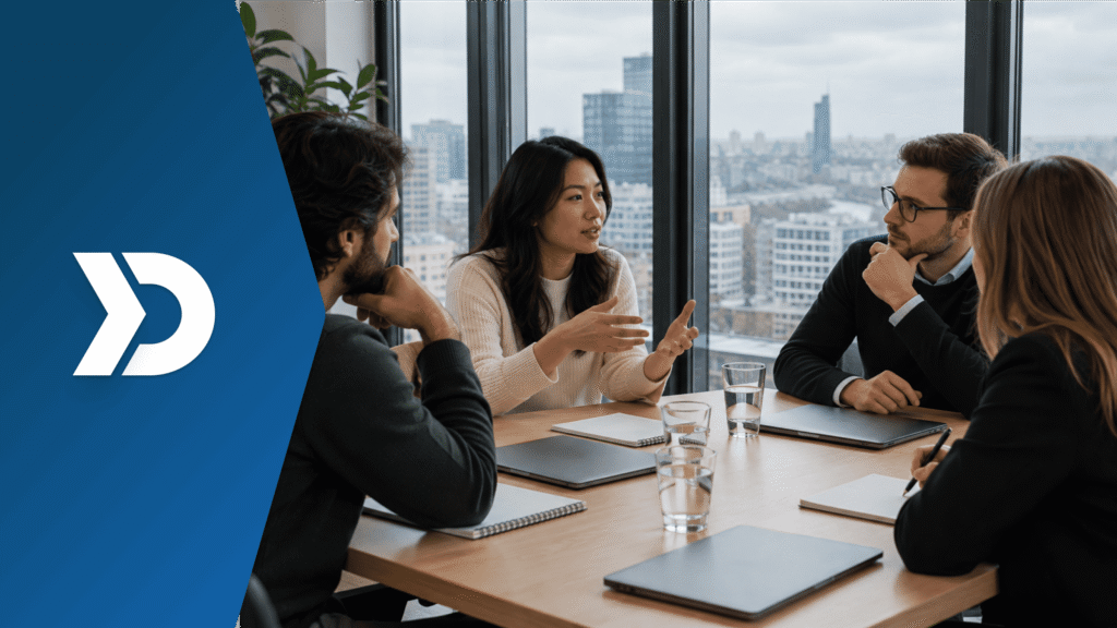 Business professionals discussing telematics industry trends and leading telematics companies during a team meeting in a modern office.