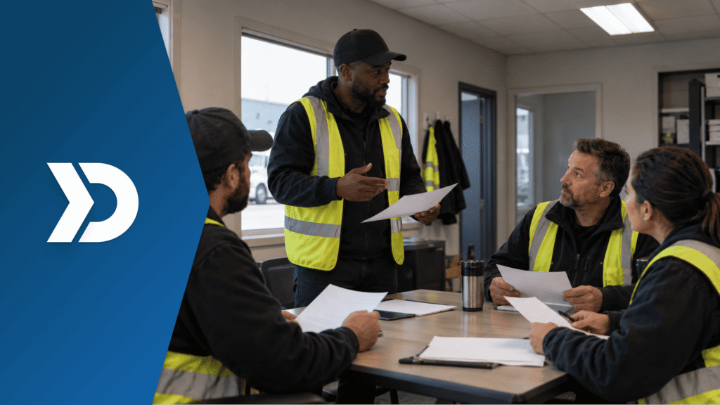 Fleet manager conducting a driver safety meeting with commercial drivers, illustrating fleet location tracking, driver monitoring, and safety management.