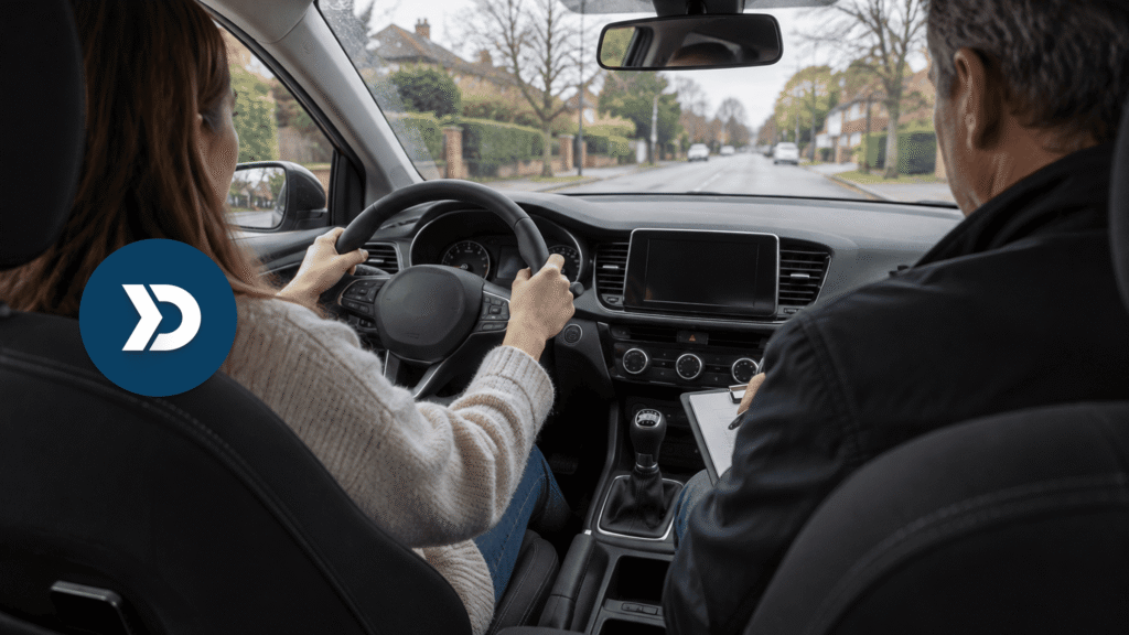Female driver holding the steering wheel during a driving lesson while an instructor observes and takes notes, illustrating driving score assessment and driver safety evaluation.