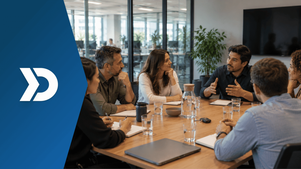 Employees participating in a corporate team meeting to discuss workplace culture, employee engagement, and safe driving initiatives, with Damoov branding.