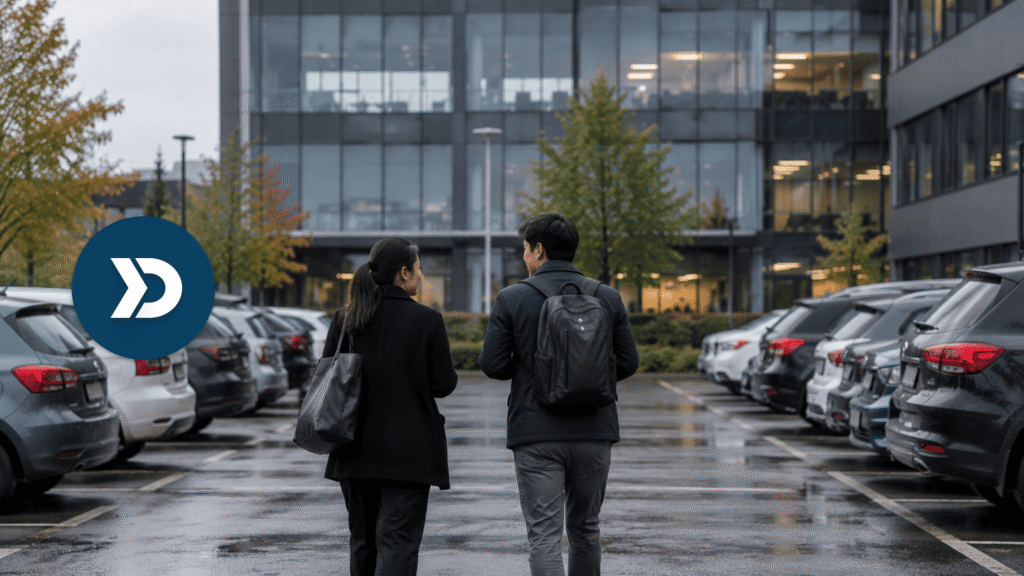Two employees walking through a wet corporate parking lot surrounded by parked cars, illustrating workplace road safety, safe driving practices, and employee driver awareness.