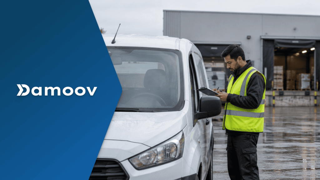 Fleet worker wearing a high-visibility safety vest completing a vehicle inspection checklist beside a delivery van at a warehouse, illustrating workplace driver safety and fleet performance management.