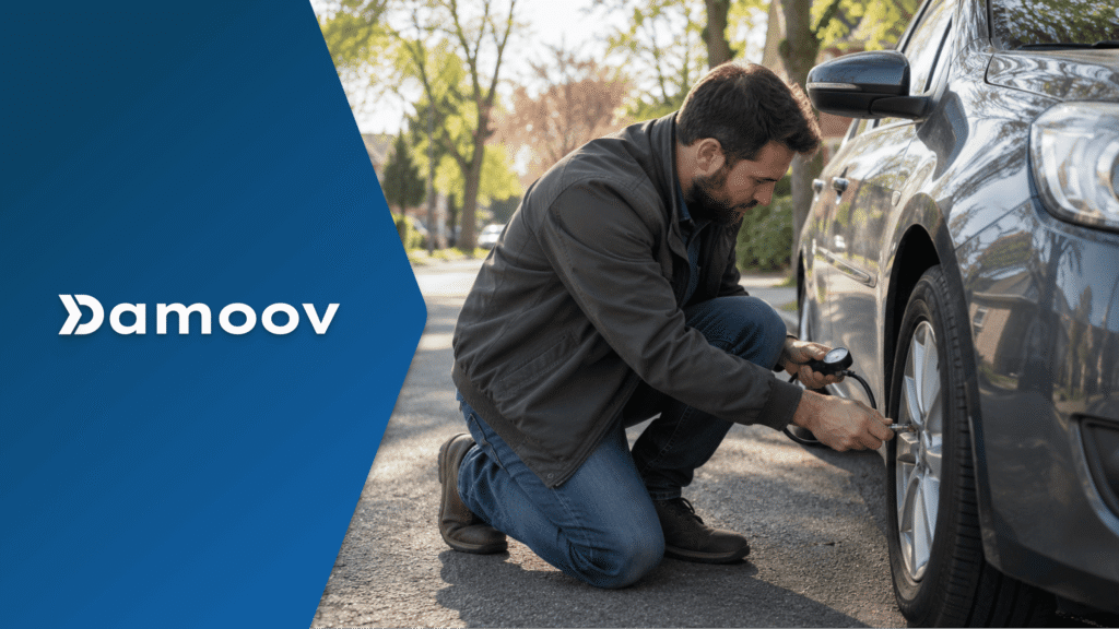 Driver checking tire pressure with a gauge before driving, illustrating a safe driving routine checklist and essential vehicle safety inspections.
