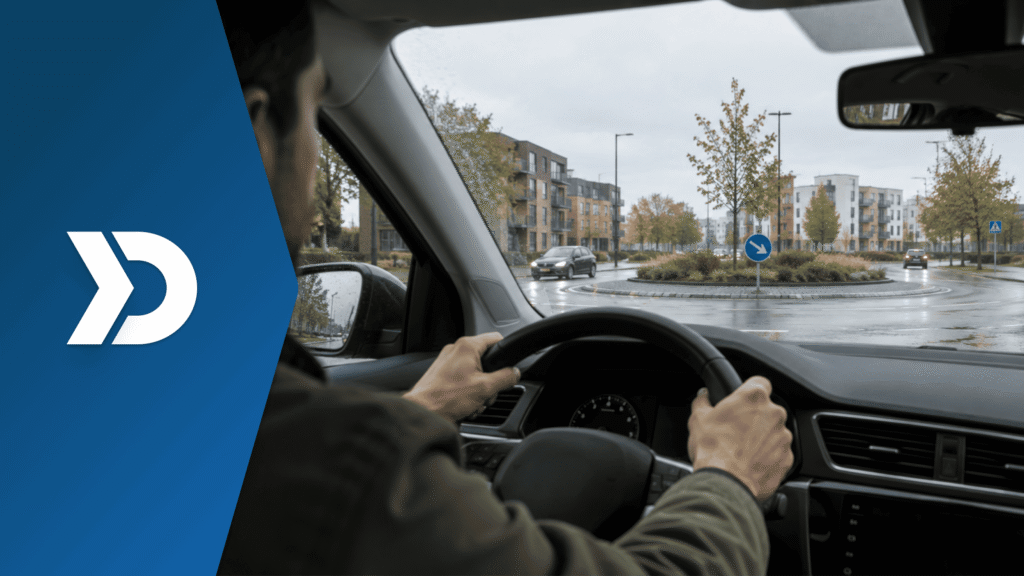 Driver approaching a roundabout on a wet urban road, demonstrating safe driving techniques, road awareness, and defensive driving practices.
