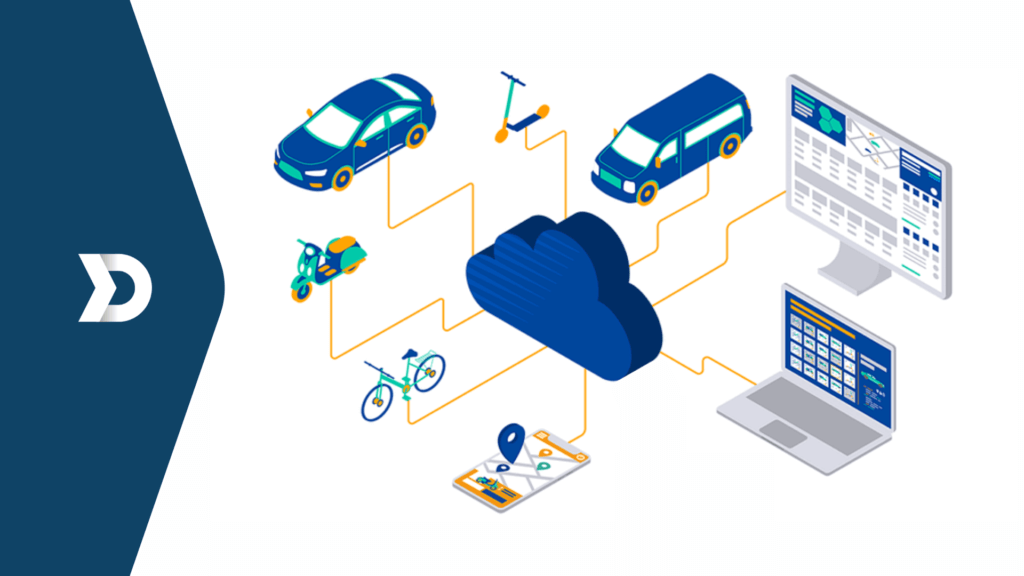 Illustration of connected vehicles, devices, and cloud-based Damoov's mobile telematics platform showcasing data flow in fleet management.