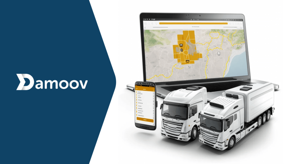 Fleet management setup with mobile telematics featuring a laptop displaying a route map, smartphone app, and trucks, showcasing advanced fleet tracking powered by Damoov.