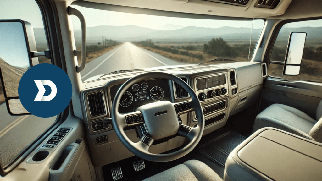 Interior view of a truck cabin showcasing the dashboard and steering wheel, symbolizing driver safety and comfort powered by Damoov telematics solutions in providing ways of coaching the drivers.