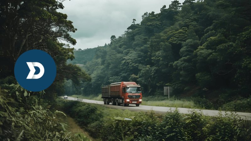 Truck driving on a scenic forest road, representing sustainable fleet operations with Damoov's mobile telematics.