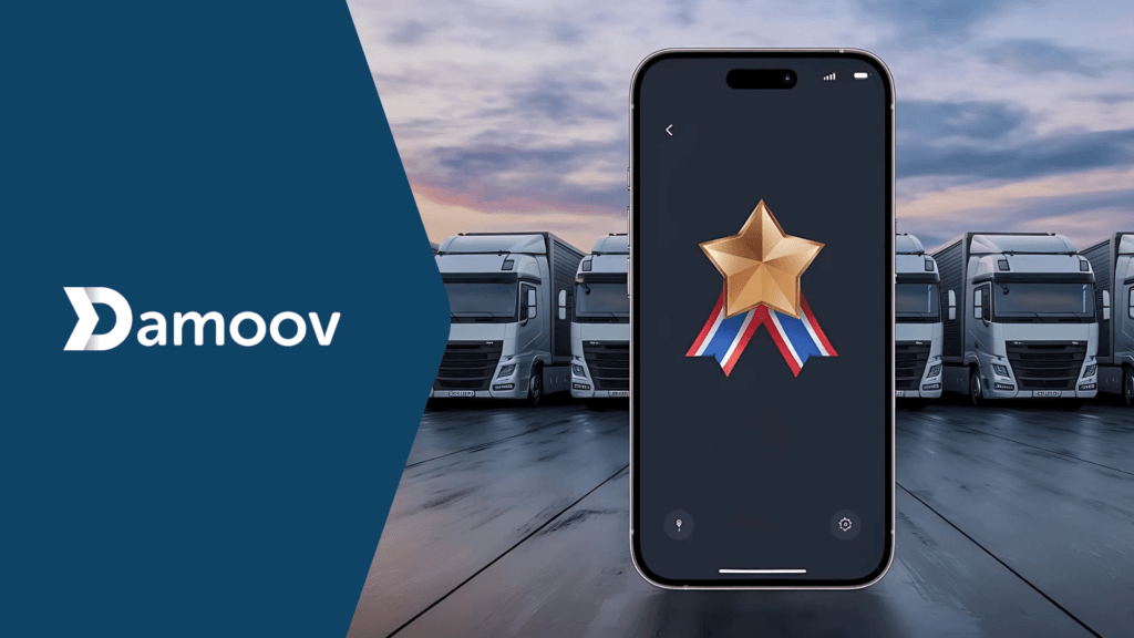 Smartphone displaying an award badge in front of a lineup of trucks, representing the use of Damoov’s mobile telematics for driver engagement and reward features for fleet management.