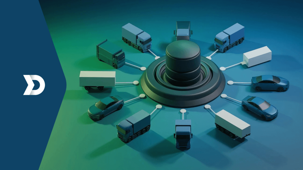 A central database hub connected to various trucks and cars, symbolizing Damoov's telematics SDK and APIs enabling fleet management solutions.