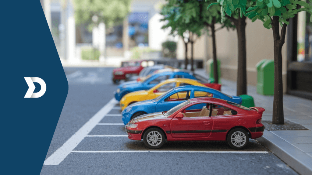A vibrant street scene featuring colorful toy cars parked under trees, symbolizing Damoov's innovative mobile telematics solutions for driver education and engagement.