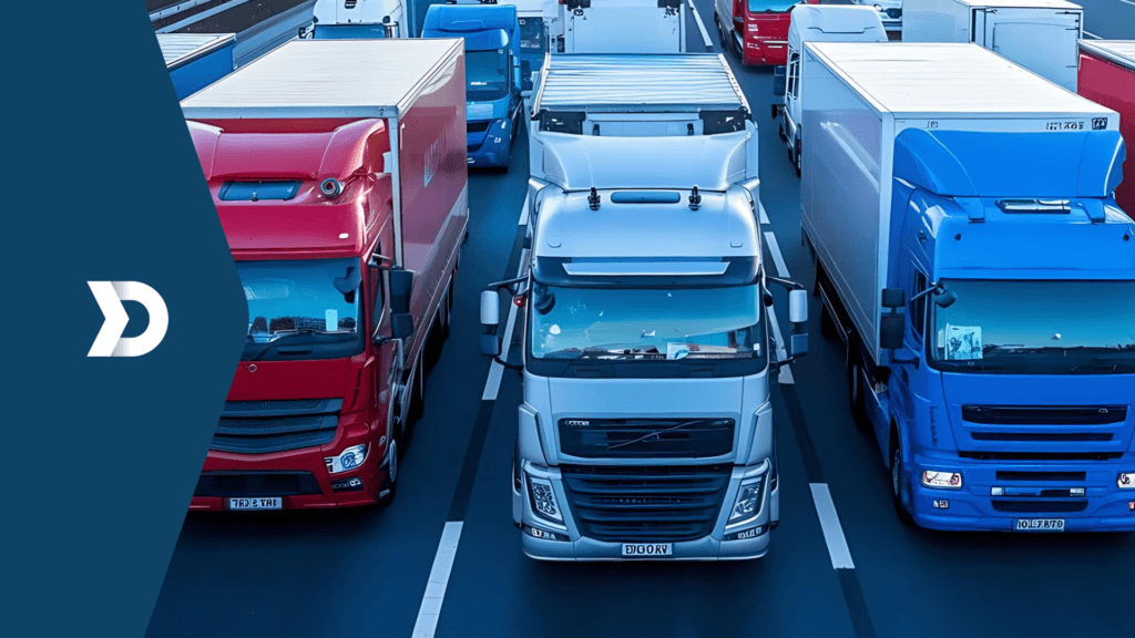 Fleet of colorful trucks on the highway using Damoov's mobile telematics technology for performance analytics.