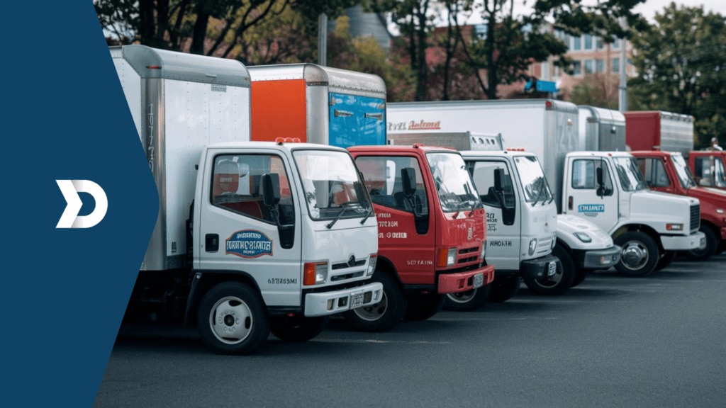 A row of trucks parked side-by-side, illustrating fleet management solutions provided by Damoov's mobile telematics for safety, efficiency, and cost savings.