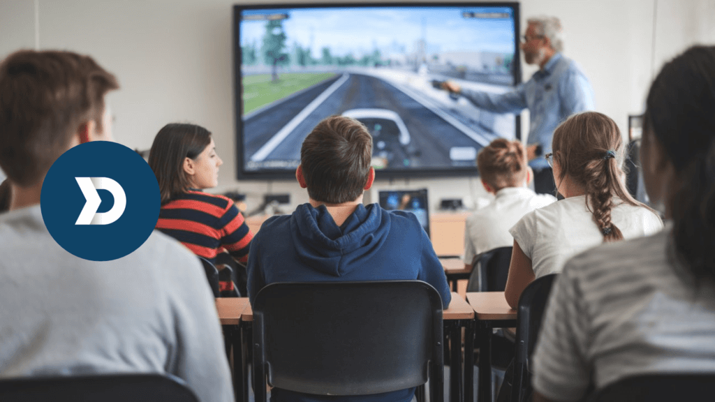 Driving instructor teaching a group of students using a driving simulation on a large screen, emphasizing the role of mobile telematics for driver education and safe driving skills.