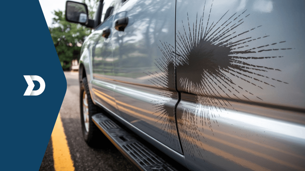 Close-up of faked damage on a vehicle door, illustrating the role of mobile telematics in accurately tracking and validating accident claims.