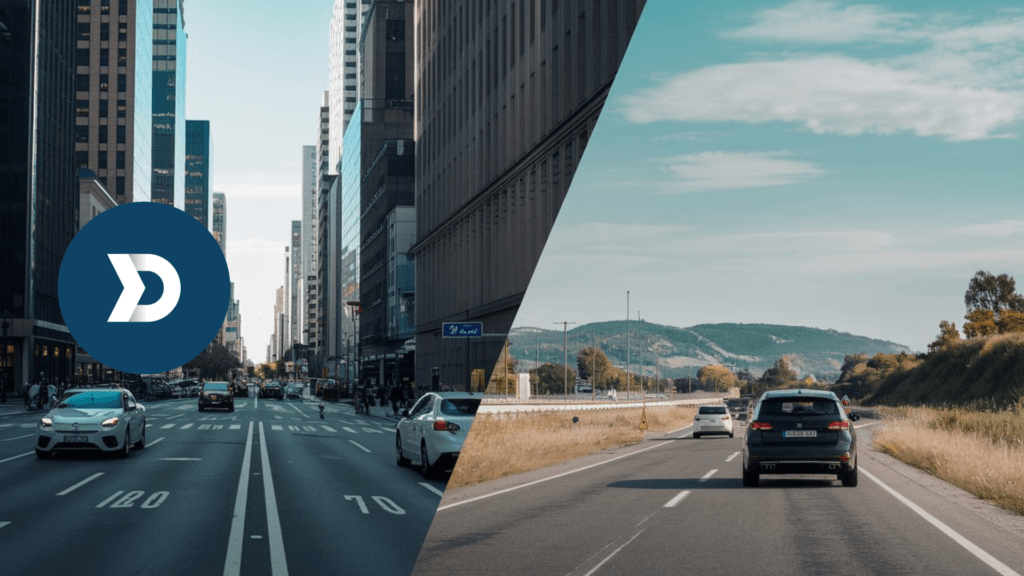 A split view comparing urban city traffic with open rural roads, highlighting the challenges and dynamics of driving in different environments.