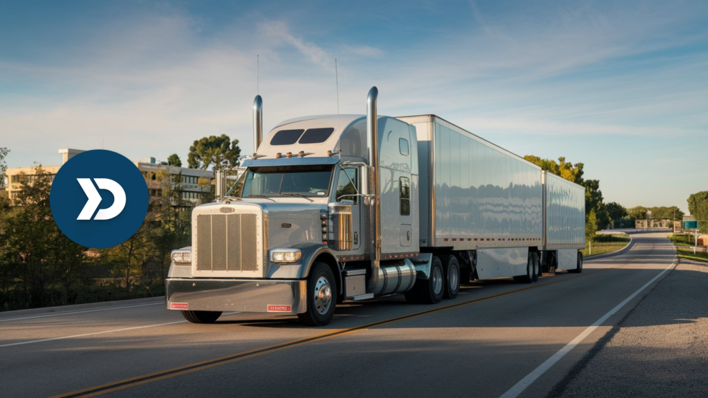 A silver semi-truck with a trailer driving on a road under a clear blue sky, symbolizing efficient fleet management and cost reduction through mobile telematics.