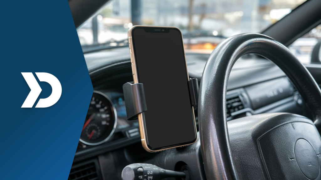 Smartphone mounted on a car dashboard, illustrating mobile telematics technology for real-time driving behavior tracking and data privacy solutions.