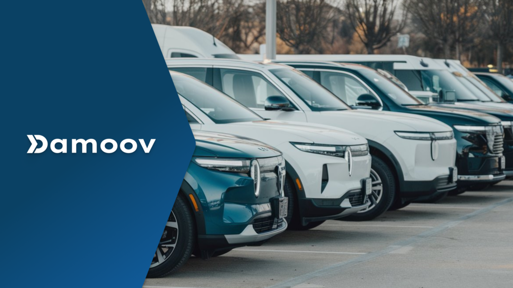 A lineup of modern electric vehicles (EVs) parked in a lot, symbolizing sustainable fleet management powered by mobile telematics.