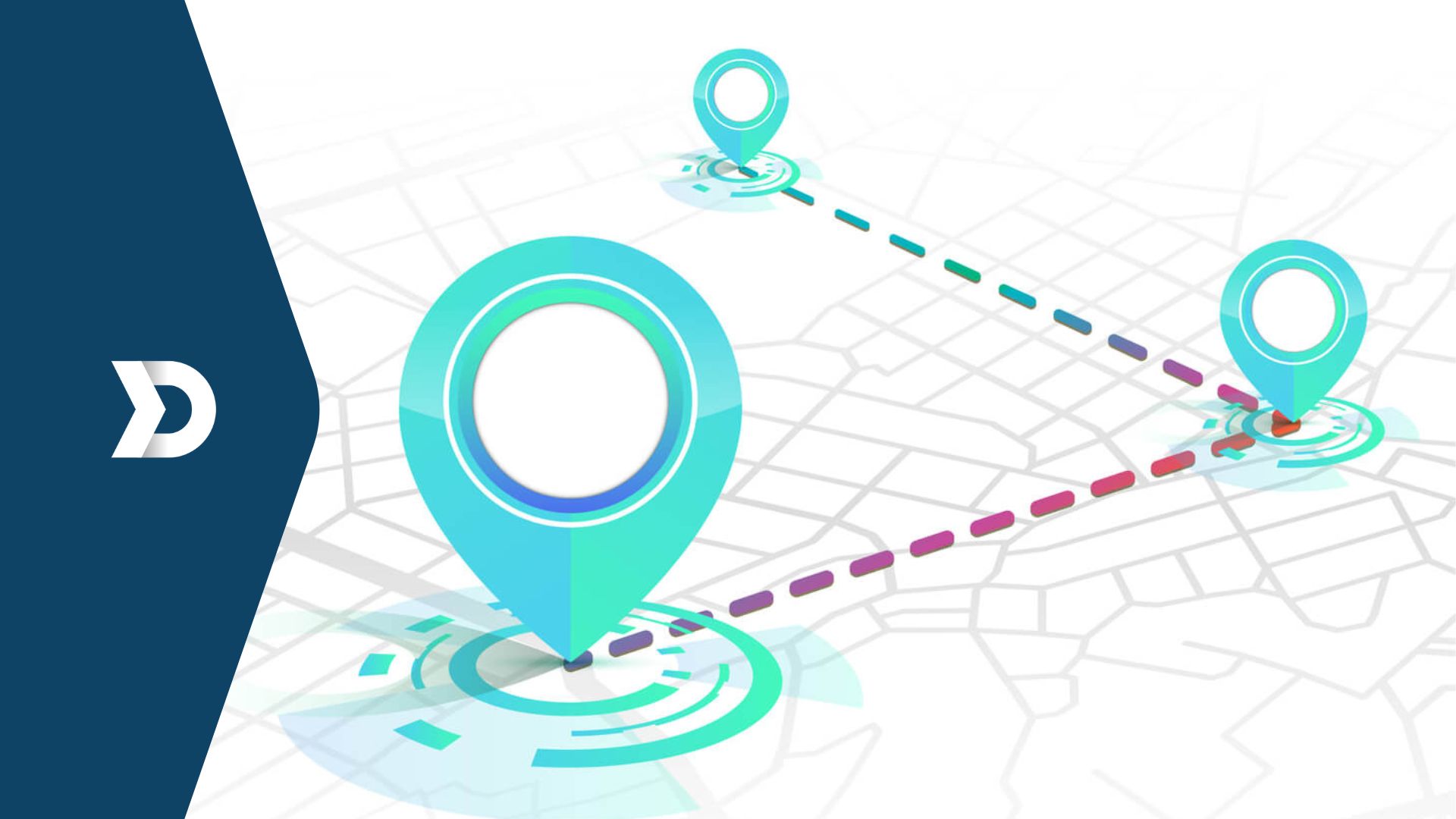 A digital map illustration with vibrant GPS pins connected by a dotted path, symbolizing first-mile and last-mile tracking in telematics solutions.