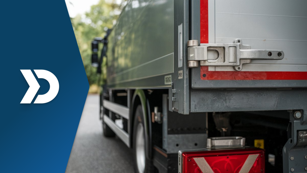 Close-up of a secured truck cargo door, featuring a robust locking mechanism, representing enhanced cargo protection and supply chain security with mobile telematics.