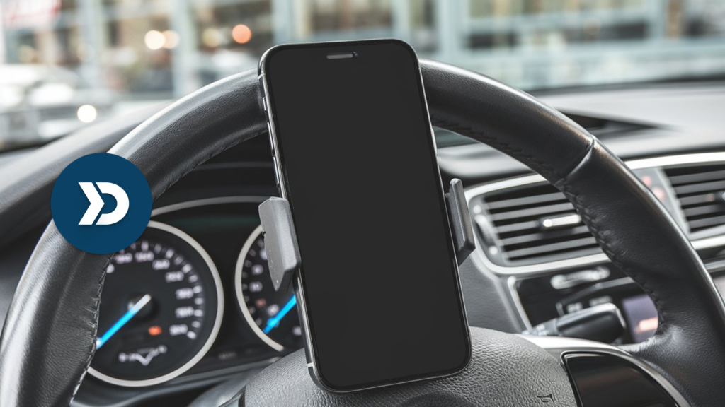 A smartphone mounted on a car steering wheel, symbolizing the role of mobile telematics in bridging the insurance gap for underinsured drivers.