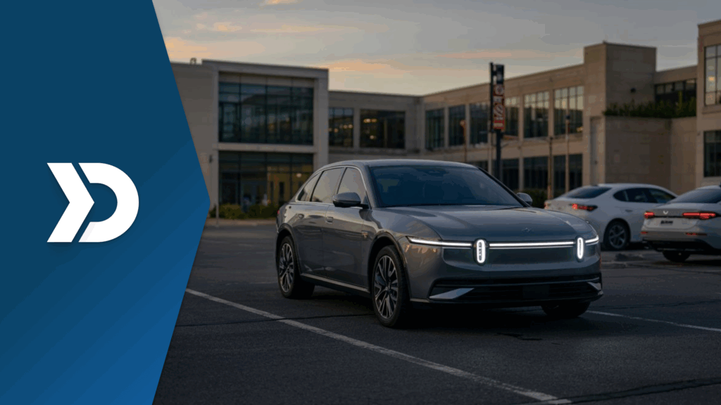 A modern electric vehicle parked in a commercial lot at dusk, with LED headlights on, illustrating the role of mobile telematics in driver reputation scoring for car rental platforms.