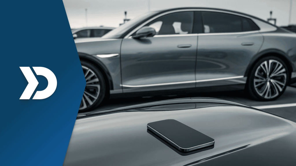 Smartphone on car hood with a car in background, symbolizing embedded insurance powered by mobile telematics.