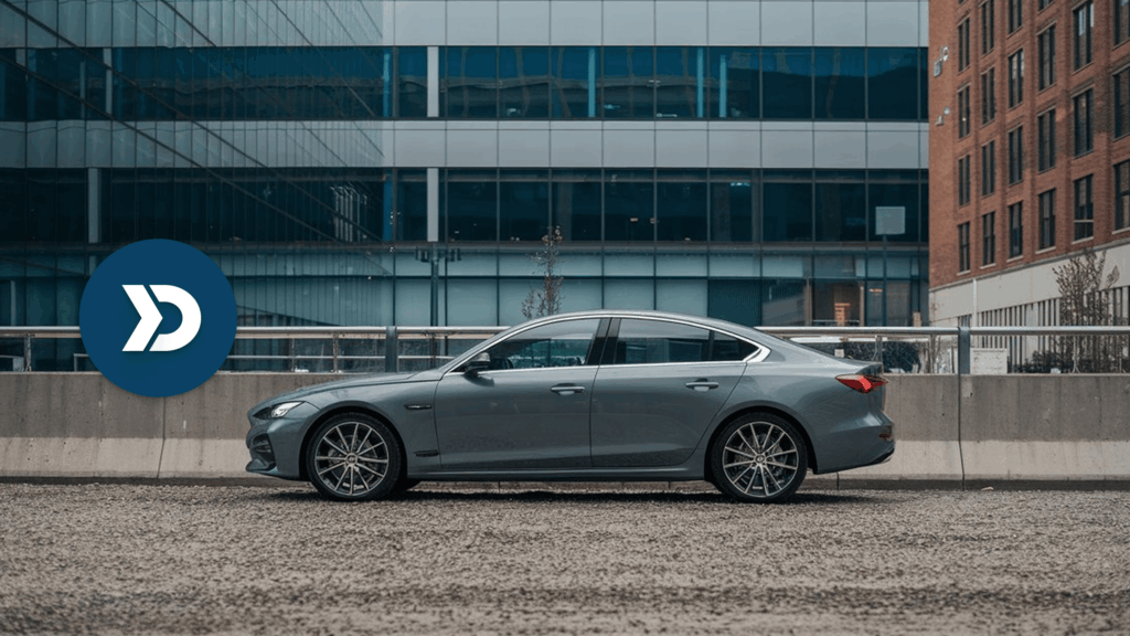Modern gray sedan parked in front of glass office buildings, representing connected vehicle solutions powered by mobile telematics.