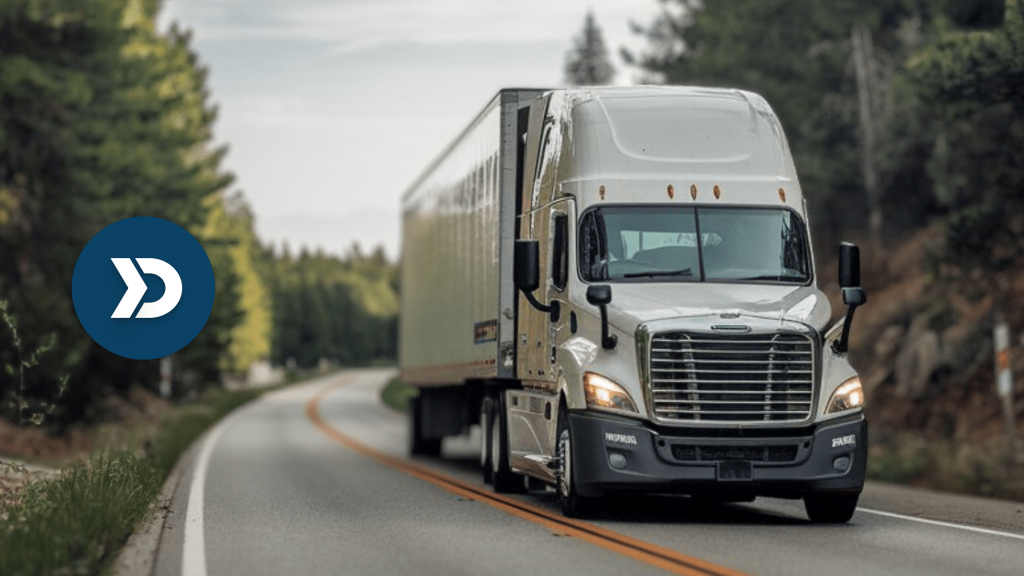 Freight truck driving through a scenic forest road, symbolizing mobile telematics ROI and the shift away from traditional fleet hardware.