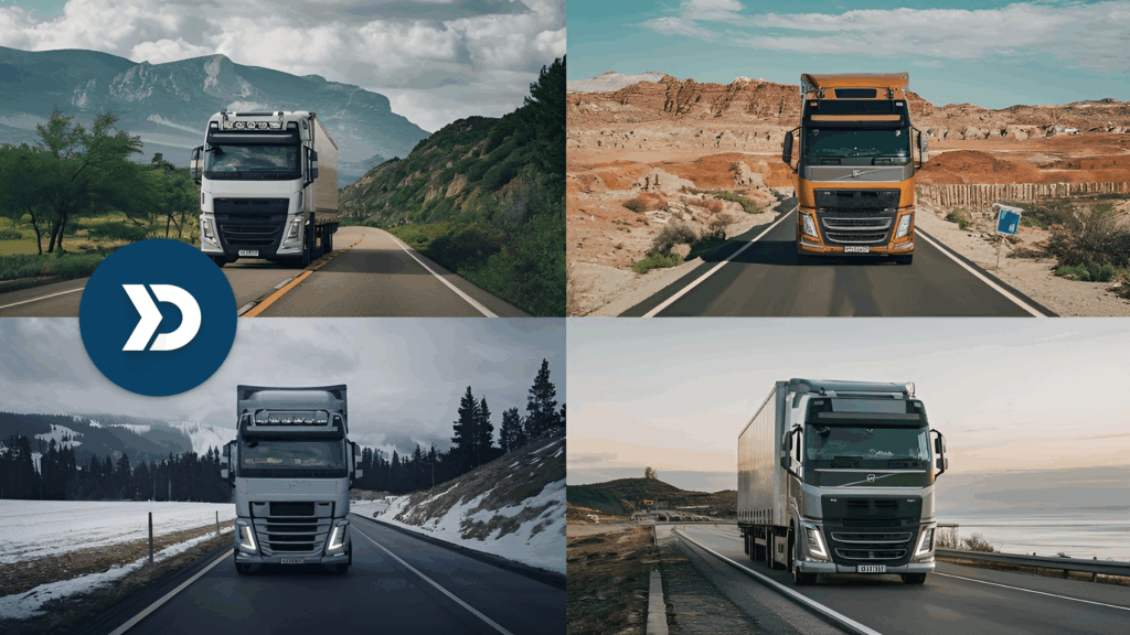 Four trucks in diverse environments showcasing BYOD fleet tracking with Damoov’s real-time telematics platform