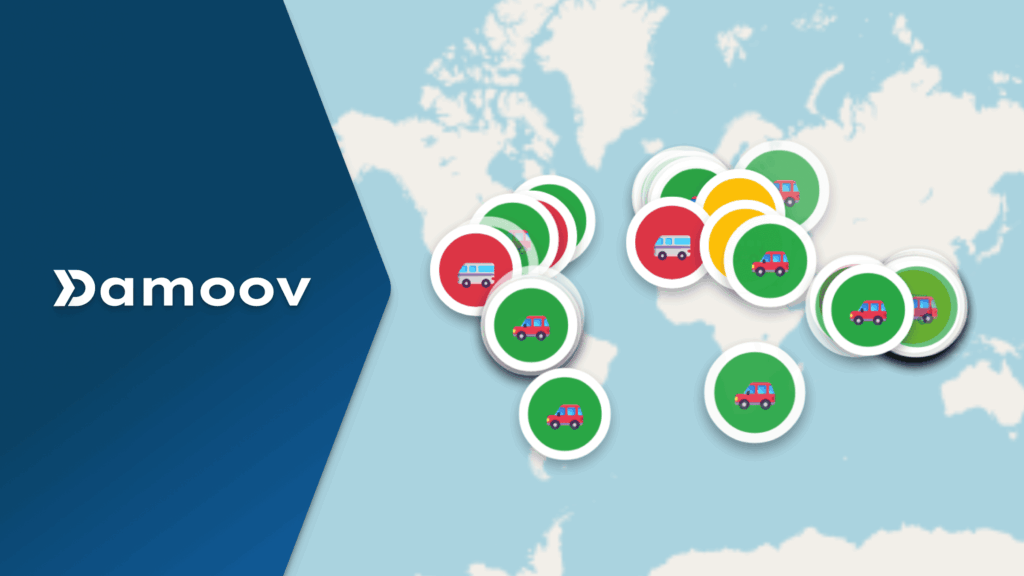 Damoov global mobility map with vehicle icons showing real-time telematics coverage across regions.