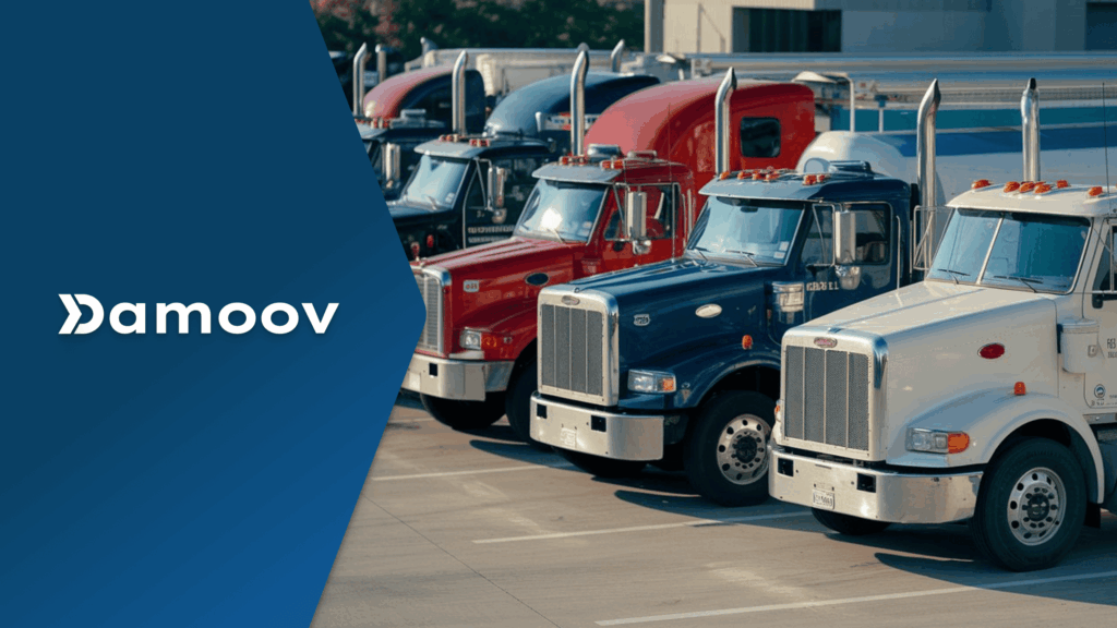 Fleet of commercial trucks parked in a lot, illustrating Damoov’s live tracking and fleet telematics technology for transportation businesses