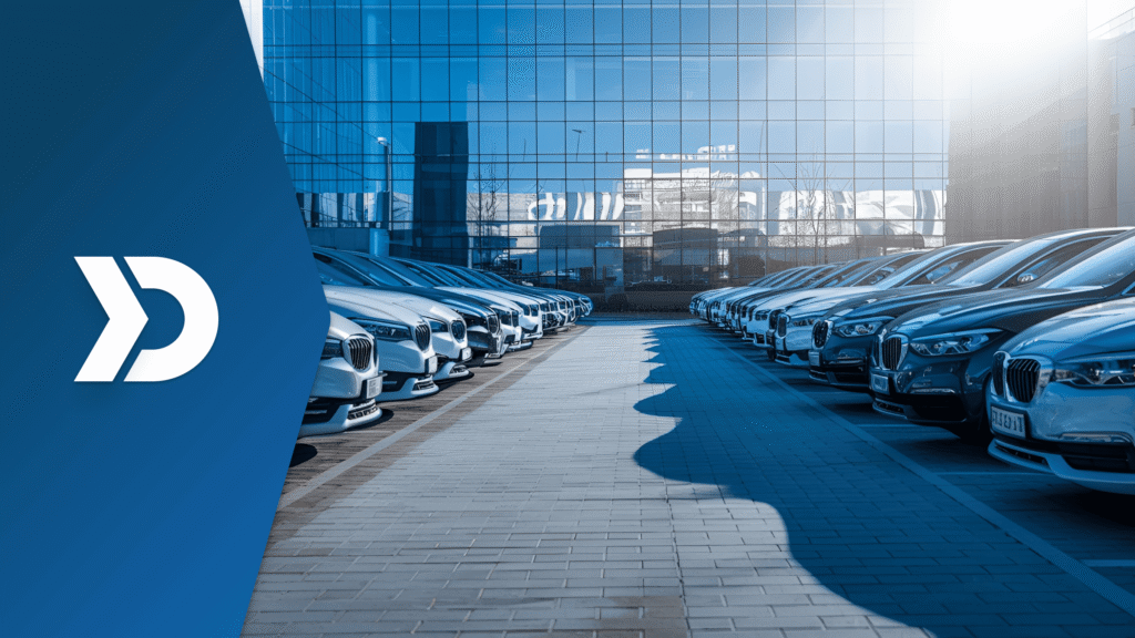 Fleet of delivery vehicles parked outside a commercial building, representing mobile telematics technology for food delivery apps, package delivery services, fleet tracking, and last-mile logistics.
