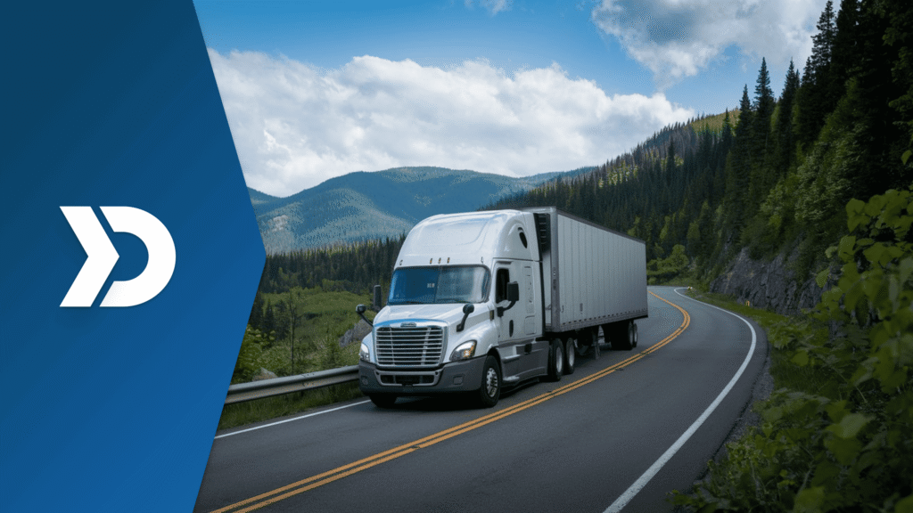 Commercial semi-truck transporting freight on a mountain highway while connected to mobile telematics technology for real-time dispatch visibility, fleet tracking, and accurate ETA management.