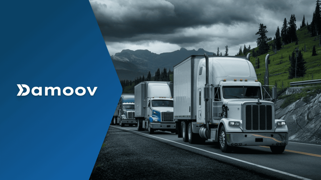 Commercial trucks traveling on a highway with mobile telematics technology supporting proof of arrival, field service tracking, route optimization, and customer visit verification for fleet operations.