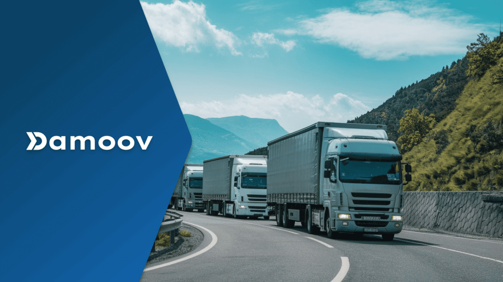 Commercial fleet trucks traveling on a highway using BYOD mobile telematics for hardware-free fleet tracking, real-time vehicle monitoring, and fleet management.