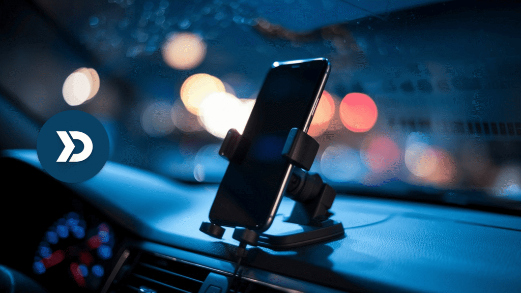 Smartphone mounted on a vehicle dashboard representing mobile telematics with GPS spoofing detection, location verification, anti-fraud technology, and secure driver tracking.