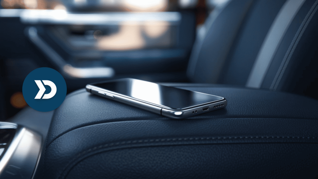 Smartphone resting inside a vehicle, representing smartphone crash detection algorithms powered by mobile telematics, AI, and motion sensors for real-time collision detection.