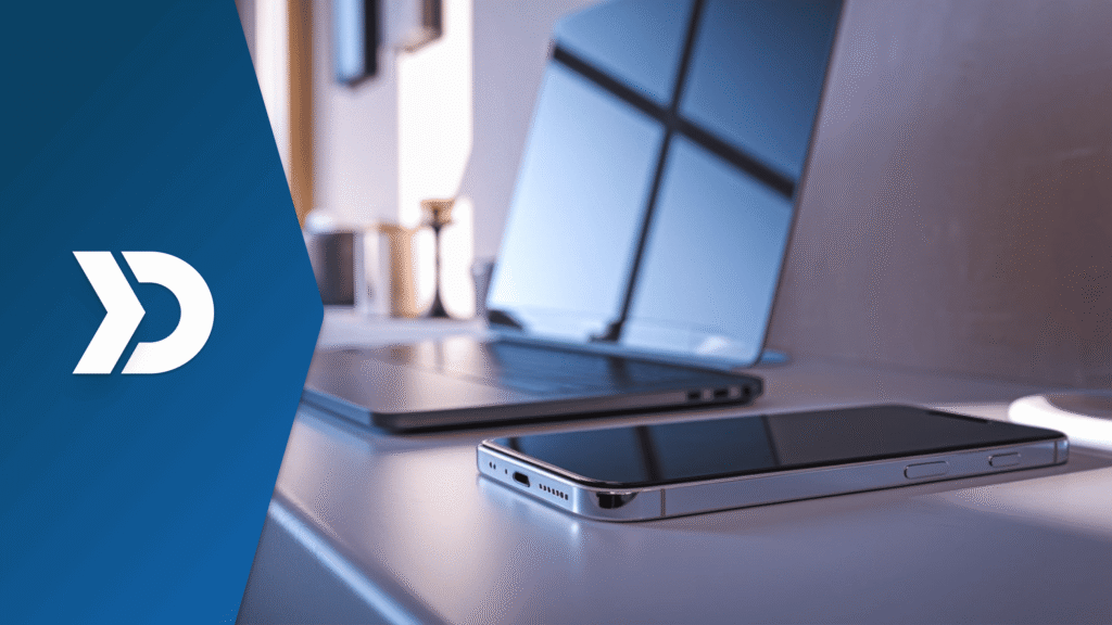 Smartphone and laptop on a modern workspace representing the driving behavior data layer that transforms smartphone sensor data into telematics insights for mobility, InsurTech, fleet management, and usage-based insurance applications.