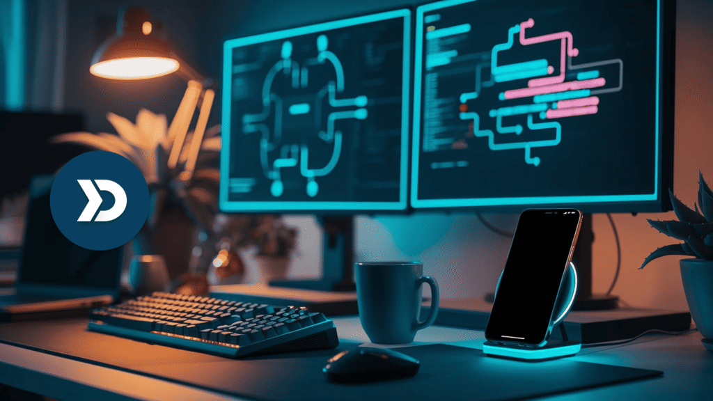 Developer workstation displaying API dashboards and software architecture for an API-first mobile telematics platform with smartphone SDK integration and developer tools.