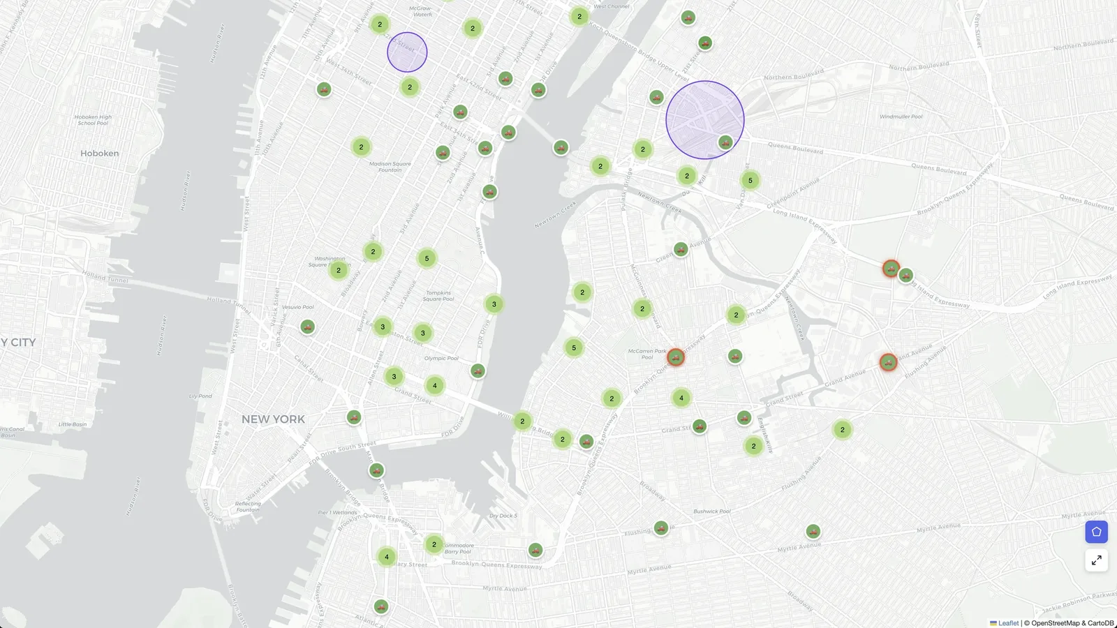 Live fleet map showing delivery drivers across New York City in real time