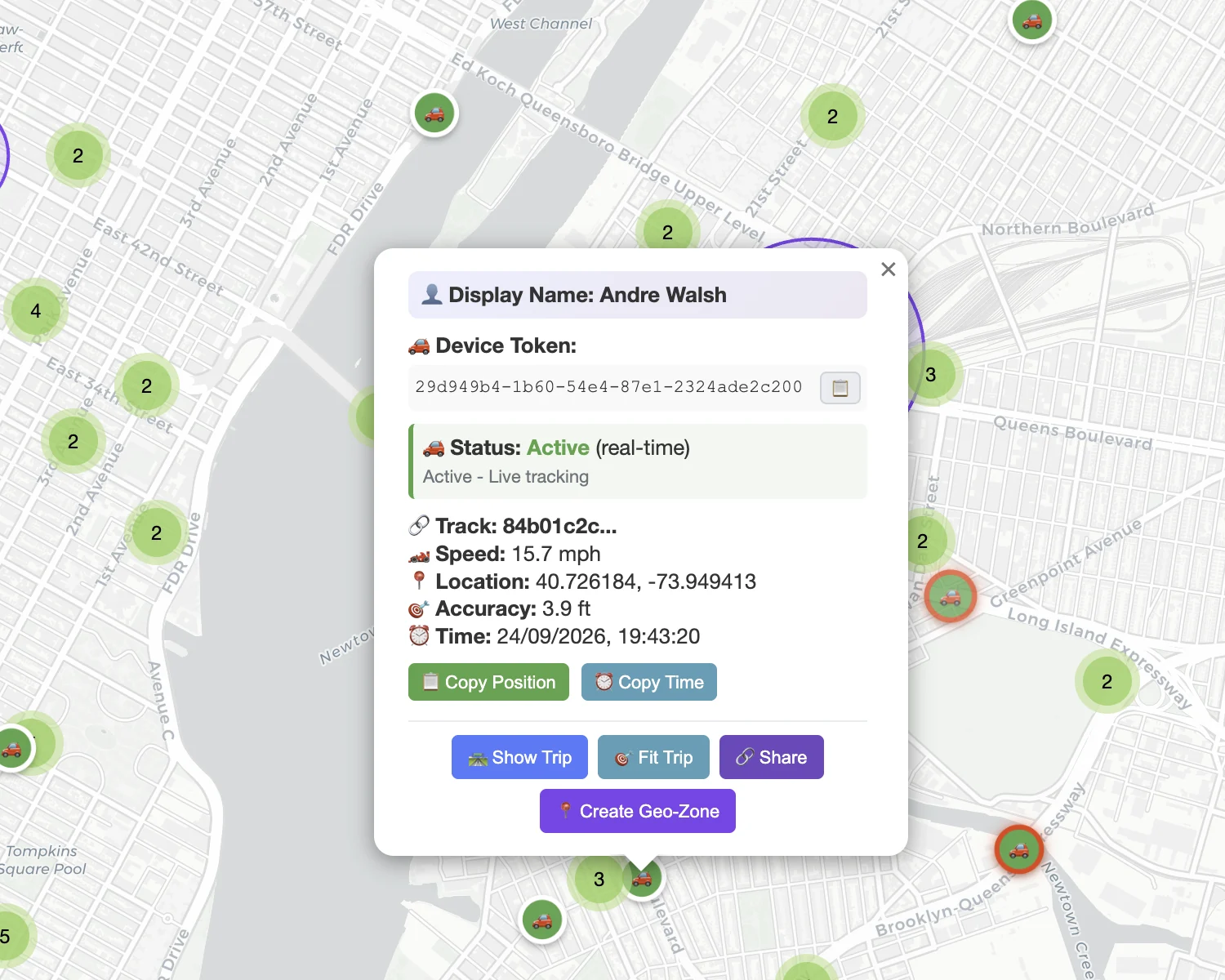 Driver popup with live status, speed and one-click actions